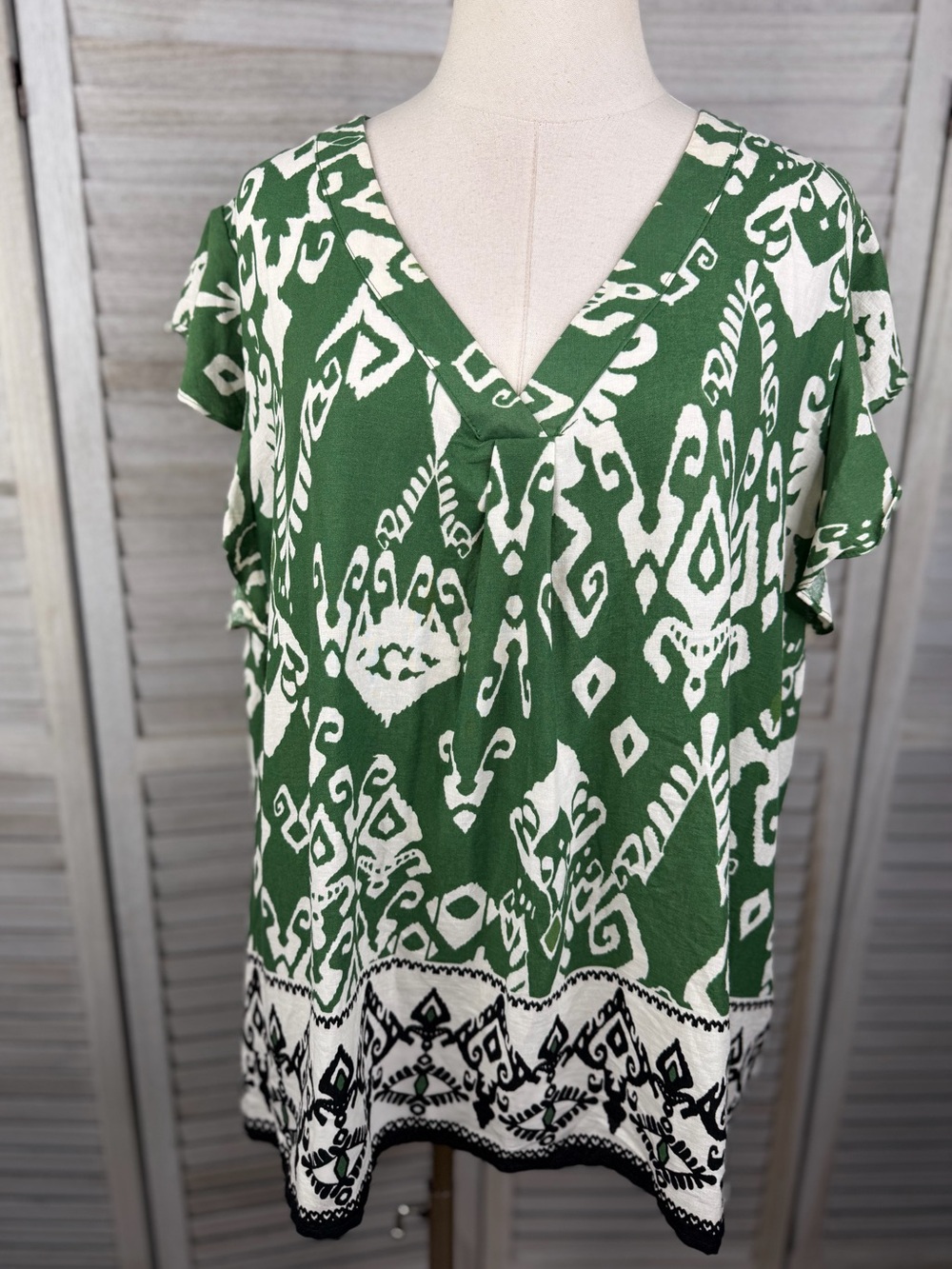 HAUTE HIPPIE Women's Boho Coastal Linen Blend Flutter Sleeve Ikat Print Top-1X